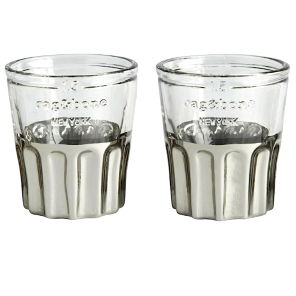 Set of (2) Rag & Bone Metal & Glass Embossed Shot Glasses